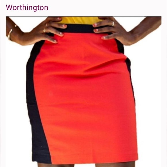 Worthington Size 14 Orange & Navy Color-Block Pencil Double Side Zippers Skirt - Picture 2 of 9